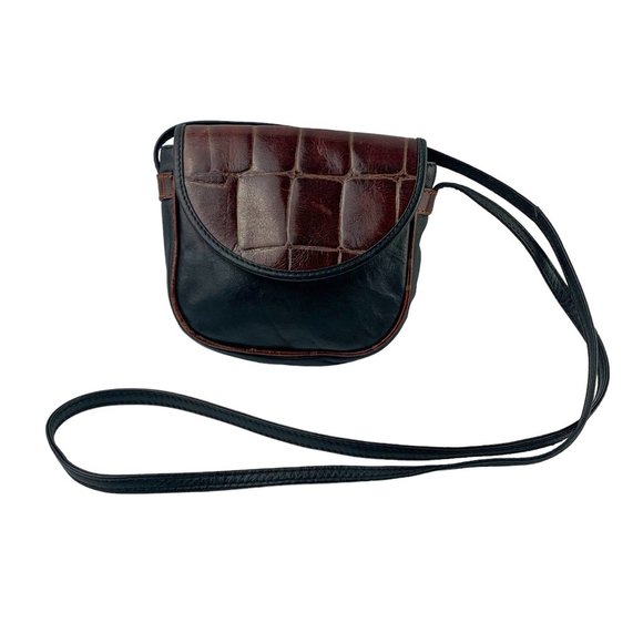 Vintage Les Copains Black and Brown‎ Embossed Leather Small Crossbody Bag - Picture 1 of 7
